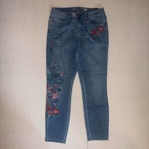 Blue floral embroidered skinny jeans